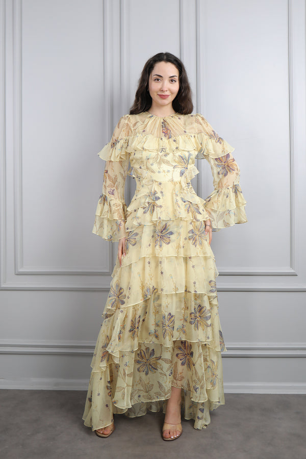 Oval Yaka Fırfırlı Desenli Büyük Beden Şifon Elbise Sarı