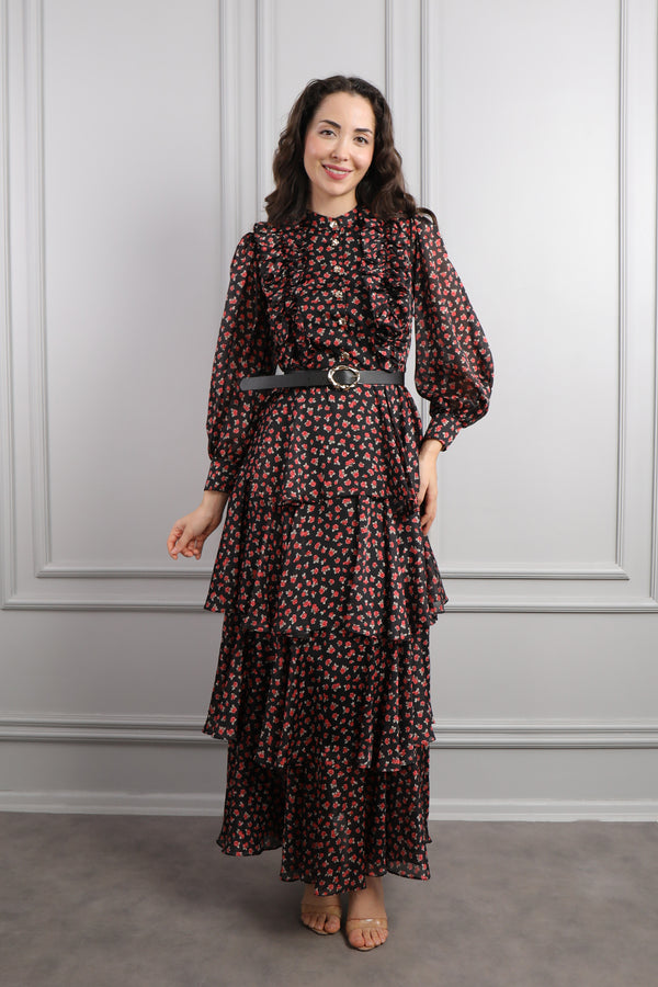 Önü Düğmeli Beli Kemerli Eteği Katlı Desenli Elbise