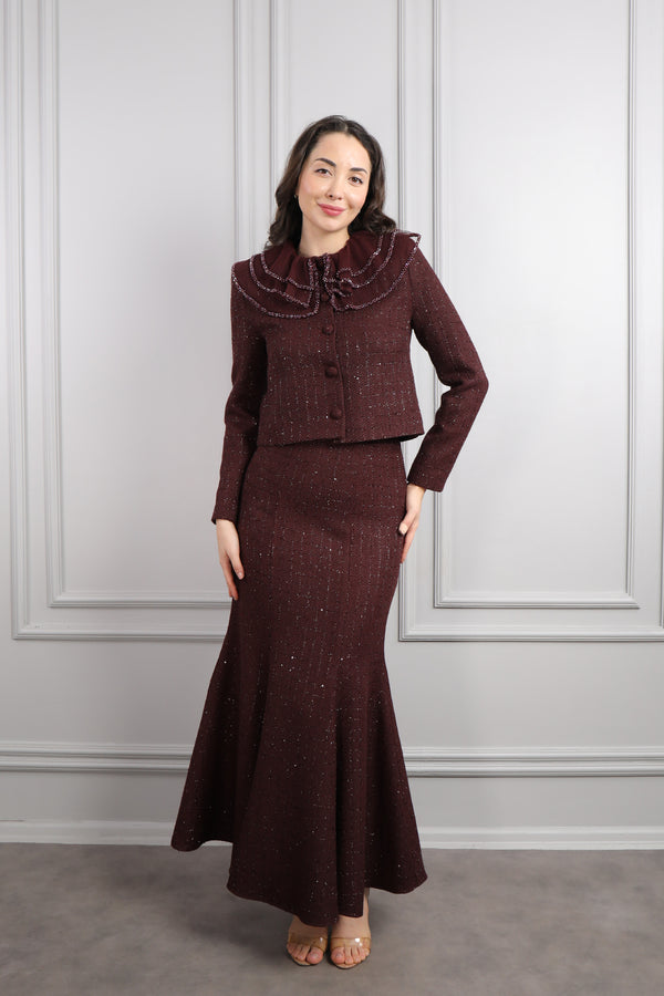 Bebe Yaka Önü Düğmeli Tüvit Etek Takım Vişne