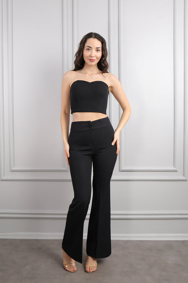 Ceketi File Görünümlü Çiçek Detaylı Üçlü Pantolon Takım Siyah