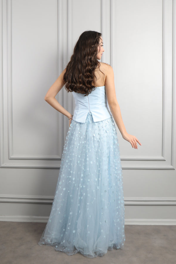 Straplez Drapeli Fular Detaylı Eteği Tüllü Abiye Bebe-Mavi