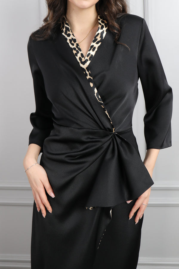 V Yaka Drapeli Büyük Beden Midi Boy Saten Elbise Siyah