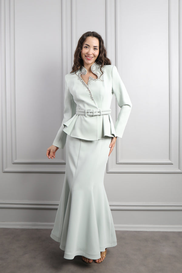 Asimetrik Yaka Beli Kemerli Taş Detaylı Etek Takım Mint