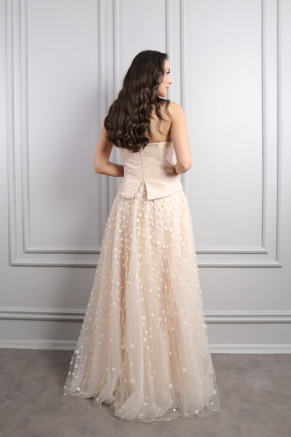 Straplez Drapeli Fular Detaylı Eteği Tüllü Abiye Somon