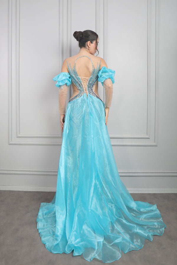 Beli Transparan Boncuk İşlemeli Pelerin Detaylı Büyük Beden Tasarım Abiye Mavi