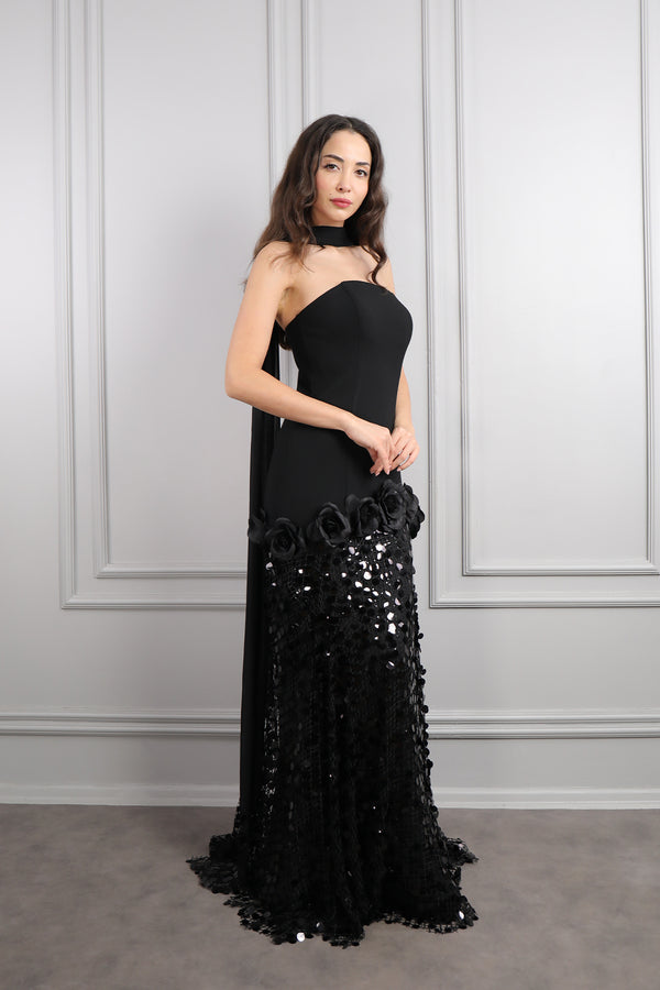 Straplez Fular Detaylı Eteği Payetli Abiye Siyah-Siyah