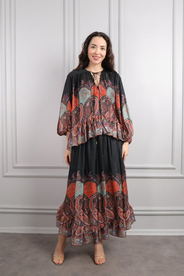 Yakası Bağlamalı Desenli Şifon Etek Takım Turuncu