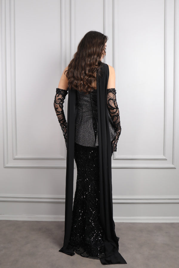 Straplez Asimetrik Kesim Şifon Fular Detaylı Payetli Balık Model Abiye Siyah