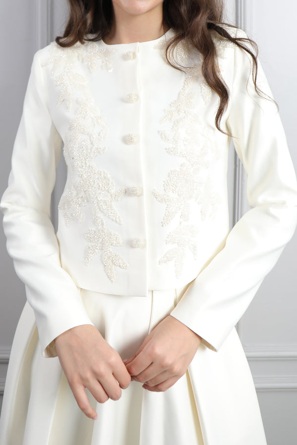 Ceketi Düğme Detaylı Boncuk İşlemeli Etek Takım Ekru