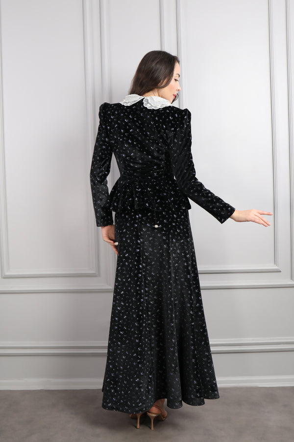 Bebe Yaka Önü Düğmeli Desenli Kadife Etek Takım Siyah-mavi