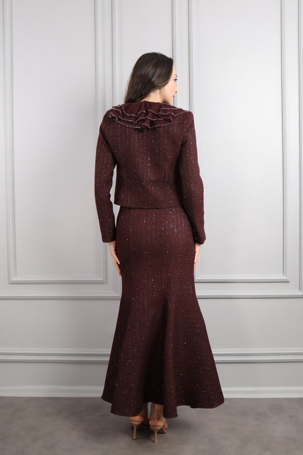 Bebe Yaka Önü Düğmeli Tüvit Etek Takım Vişne