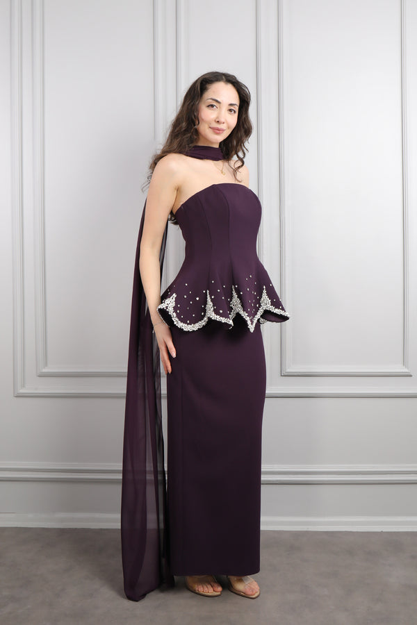 Straplez Taş İşlemeli Fular Detaylı Abiye Mor