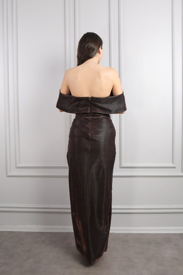 Hayık Yaka Önü Drapeli Yırtmaçlı Parlak Kumaş Abiye Bakır