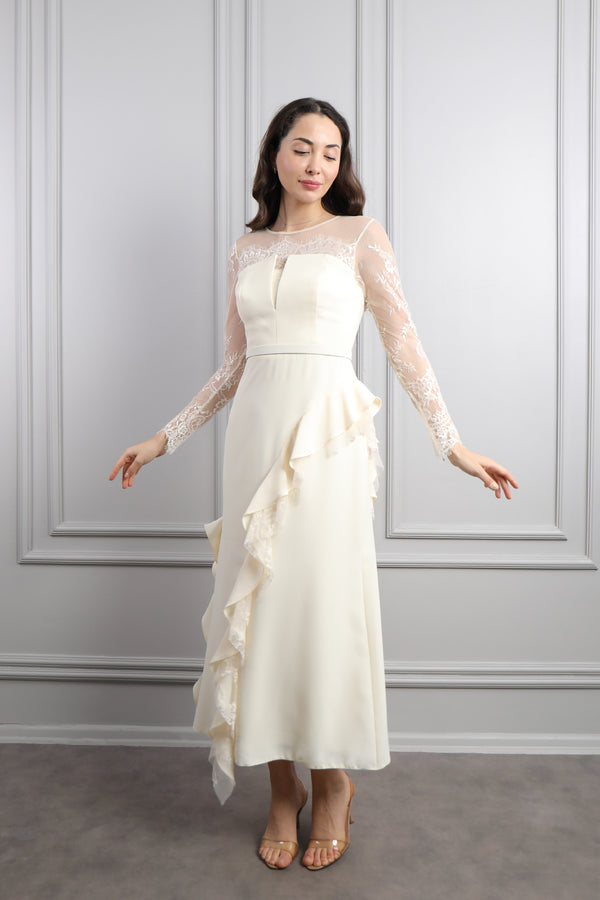 Kolları Transparan Dantel Detaylı Fırfırlı Elbise Ekru