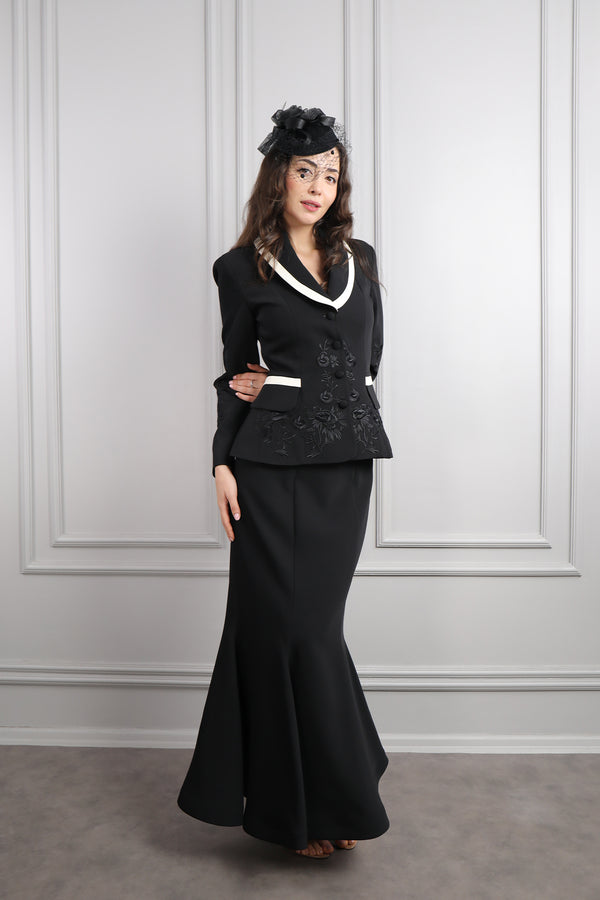 Ceketi İşlemeli Saç Aksesuar Detaylı Etek Takım Siyah