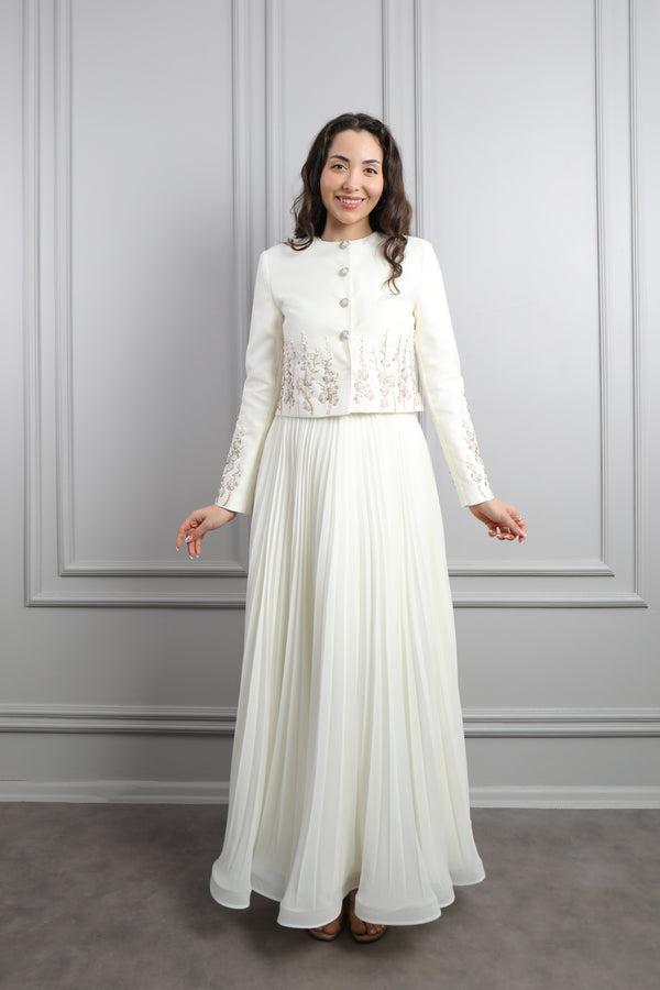 Ceketi Düğmeli Boncuk İşlemeli Pileli Elbise Takım Ekru