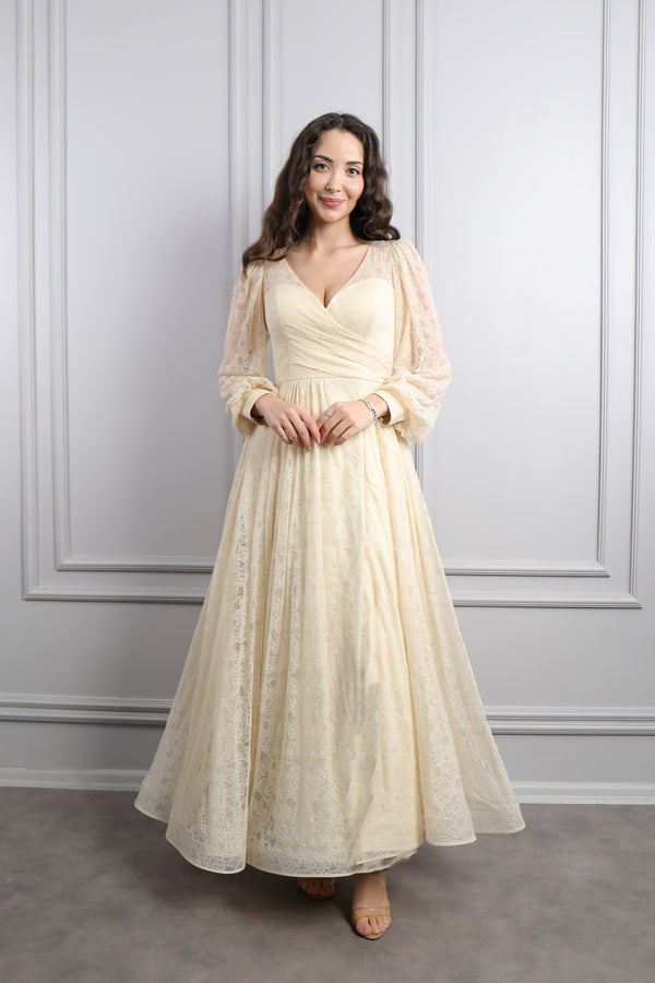 V Yaka Balon Kol Yırtmaçlı Büyük Beden Midi Boy Abiye Bej