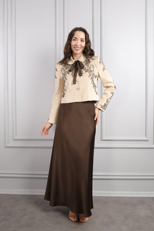 Ceketi Boncuk İşlemeli Saten Etek Takım Bej