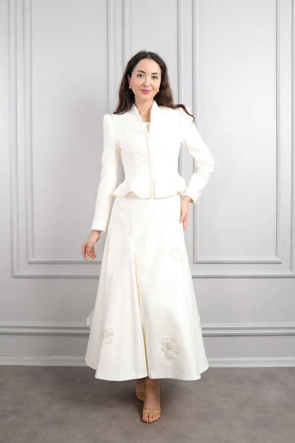 Ceketi Boncuk İşlemeli Çiçek Detaylı Elbise Takım Ekru