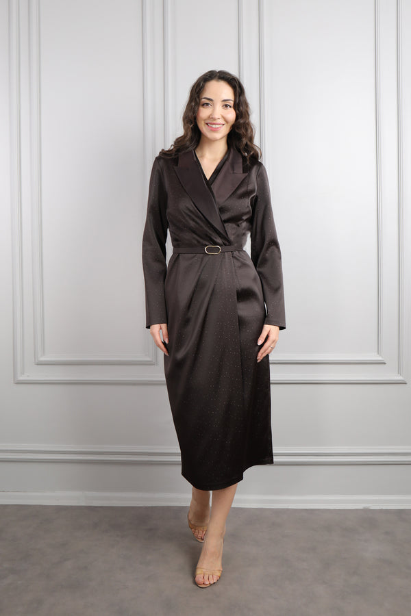 V Yaka Beli Kemerli Büyük Beden Midi Boy Saten Elbise Kahve