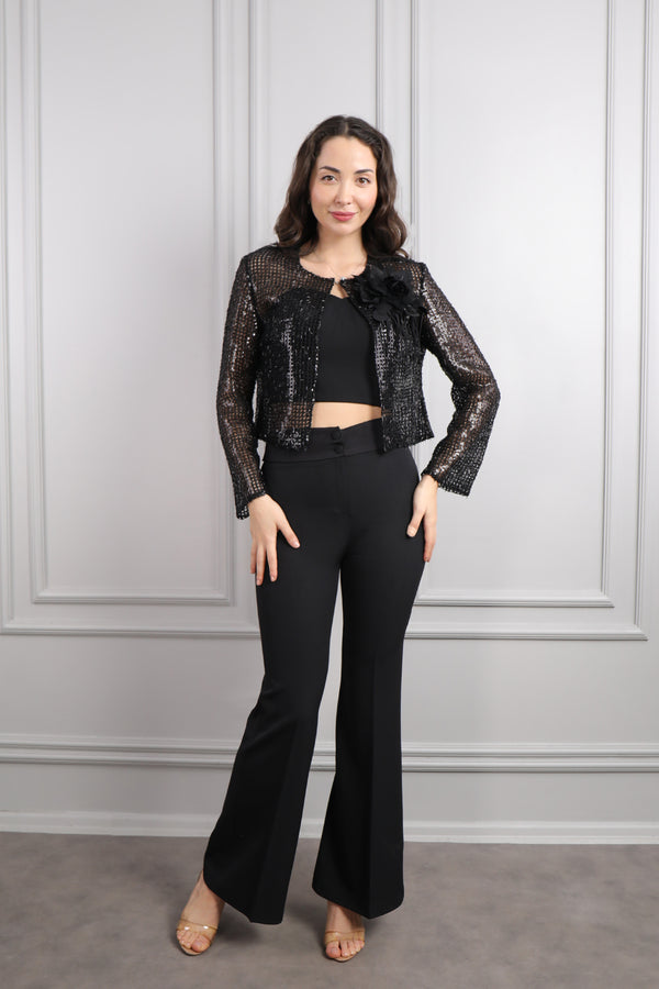 Ceketi File Görünümlü Çiçek Detaylı Üçlü Pantolon Takım Siyah