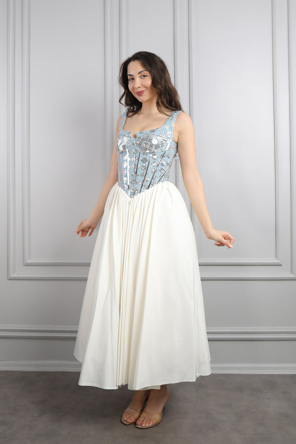 Kare Yaka Payet İşlemeli Abiye Ekru