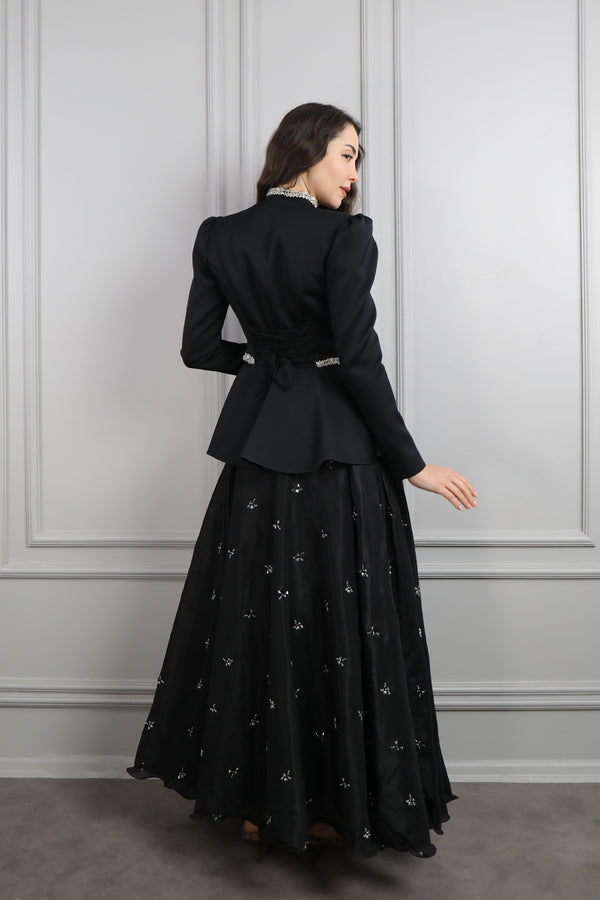 Taş Detaylı Boncuk İşlemeli Etek Takım Siyah