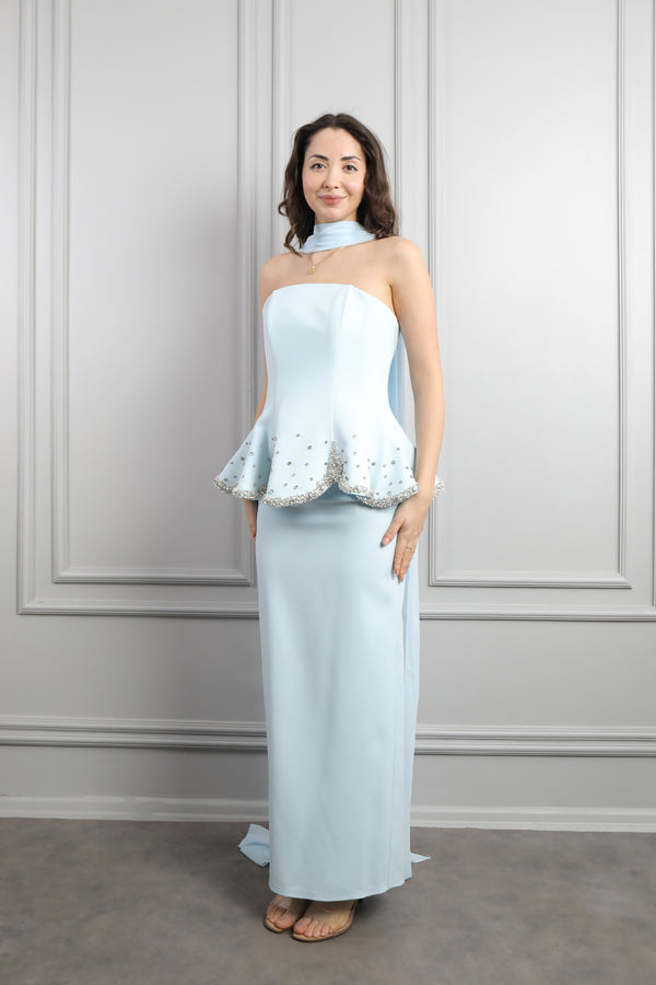 Straplez Taş İşlemeli Fular Detaylı Abiye Mavi