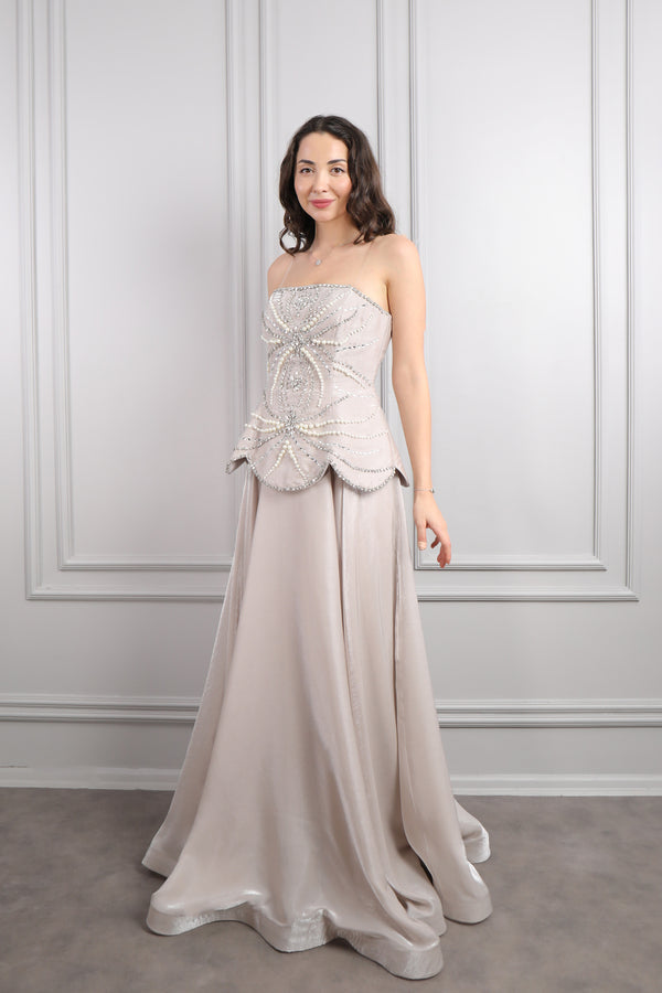 Straplez Taş Ve Boncuk İşlemeli Abiye Taş