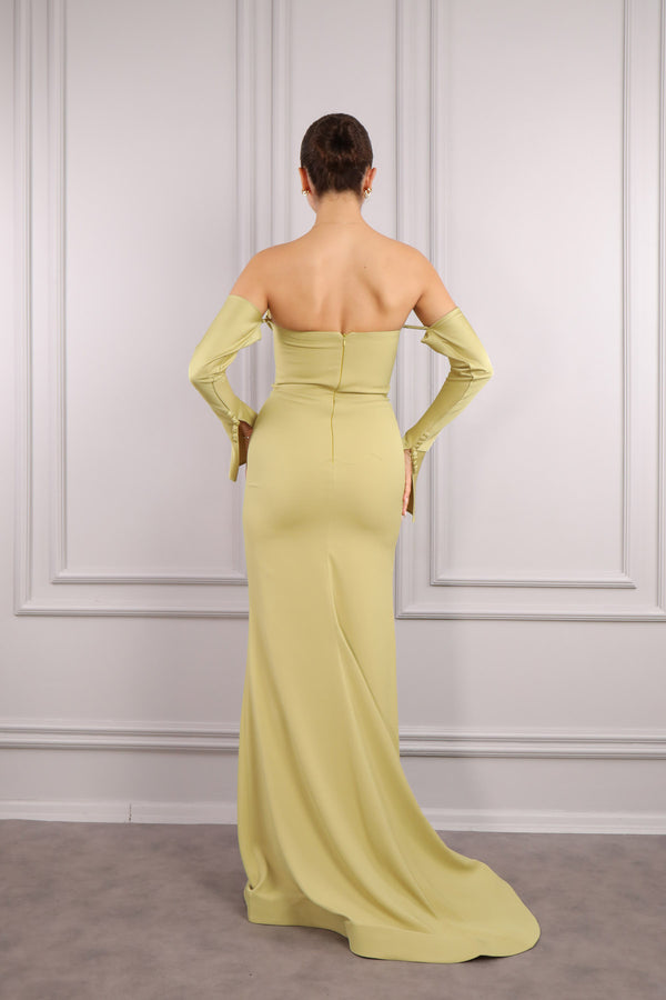 Straplez Degaje Yaka Kolları Hareketli Balık Model Abiye Olive
