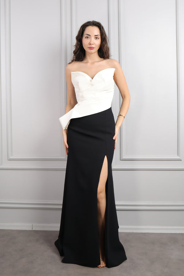Straplez Drape Detaylı Yırtmaçlı Büyük Beden Abiye