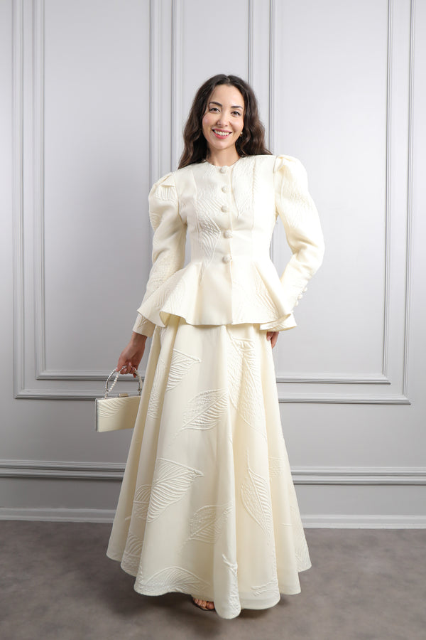 Önü Düğmeli Çanta Aksesuar Detaylı Etek Takım Ekru