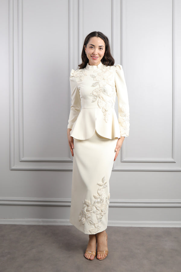 Hakim Yaka Çiçek Desenli Etek Takım Ekru