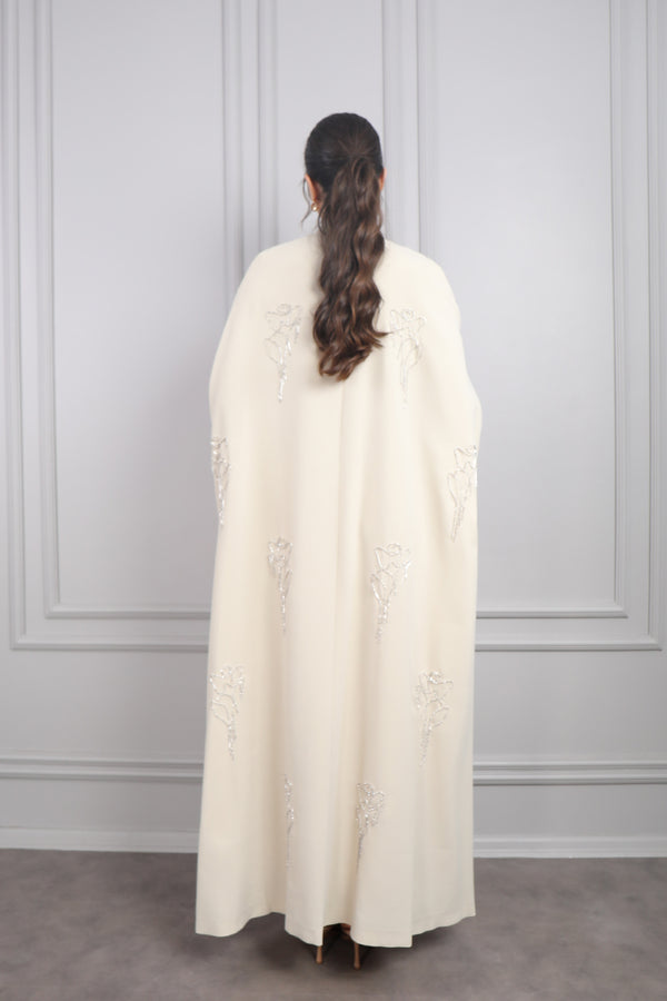 Çiçek İşlemeli İkili Abaya Takım Bej