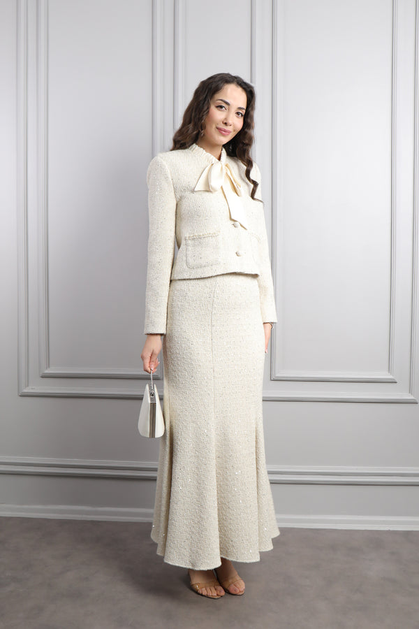 Yakası Bağlamalı Cepleri İnci İşlemeli Çanta Aksesuar Detaylı Tüvit Etek Takım Ekru