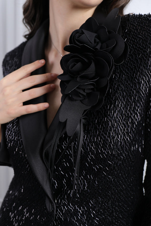 Ceketi Çiçek Detaylı Boncuk İşlemeli Pantolon Takım Siyah