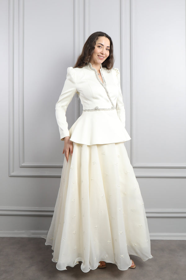 Taş Detaylı Boncuk İşlemeli Etek Takım Ekru