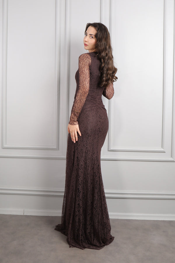 Yakası Boncuk İşlemeli Beli Drapeli Dantelli Abiye Kahverengi