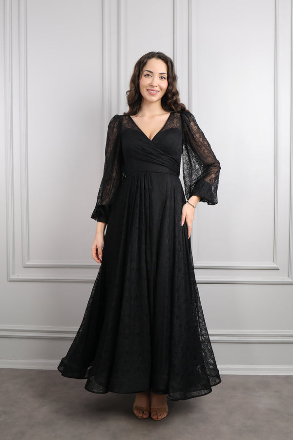 V Yaka Balon Kol Yırtmaçlı Büyük Beden Midi Boy Abiye Siyah