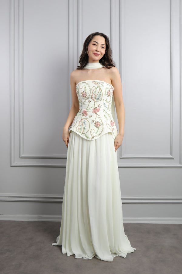 Straplez Korsesi Taş İşlemeli Fular Detaylı Şifon Abiye Kemik