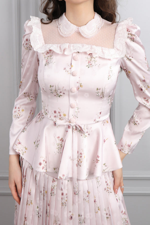 Yakası Transparan Beli Fiyonk Detaylı Desenli Saten Pileli Etek Takım Pudra