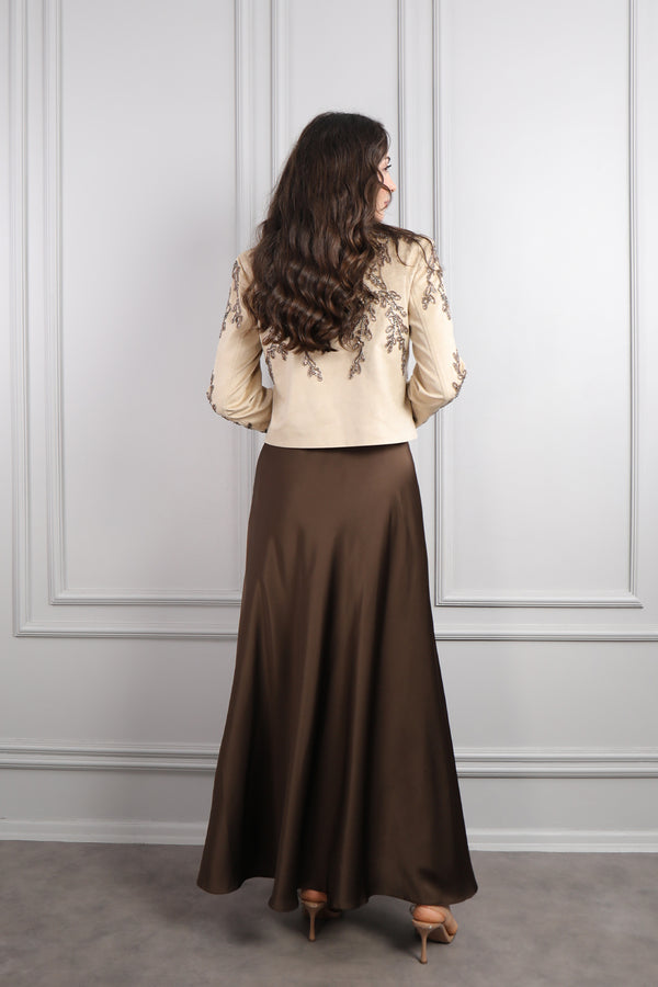 Ceketi Boncuk İşlemeli Saten Etek Takım Bej