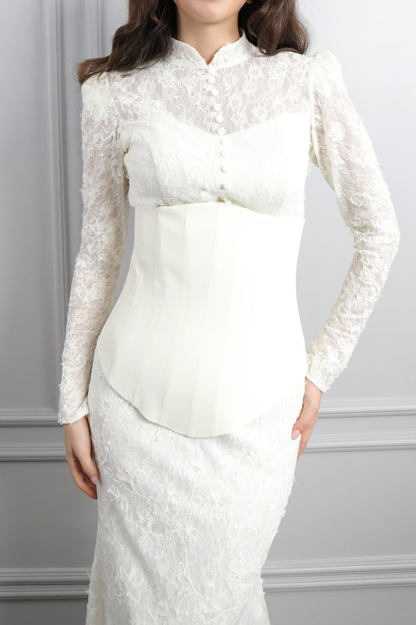 Hakim Yaka Önü Düğmeli Korse Detaylı Dantelli Abiye Kemik