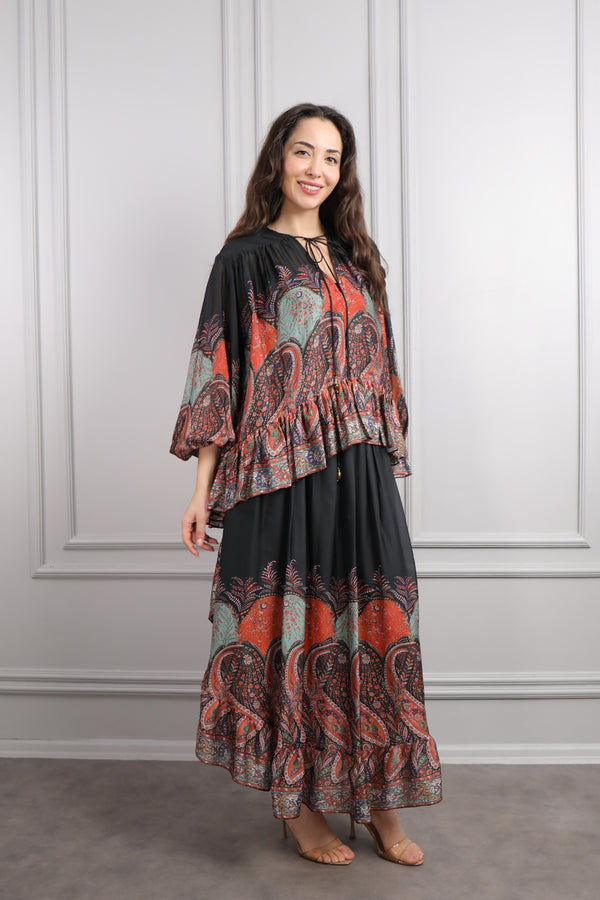 Yakası Bağlamalı Desenli Şifon Etek Takım Turuncu