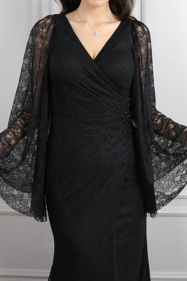 V Yaka Yarasa Kol İnci Detaylı Dantelli Büyük Beden Abiye Siyah