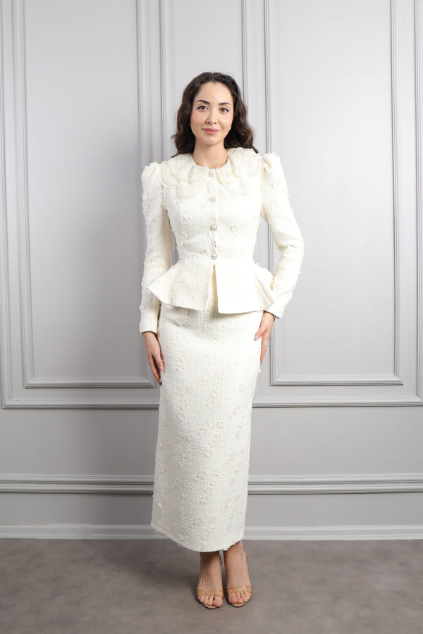 Bebe Yaka Çiçek Detaylı Tüvit Etek Takım Ekru