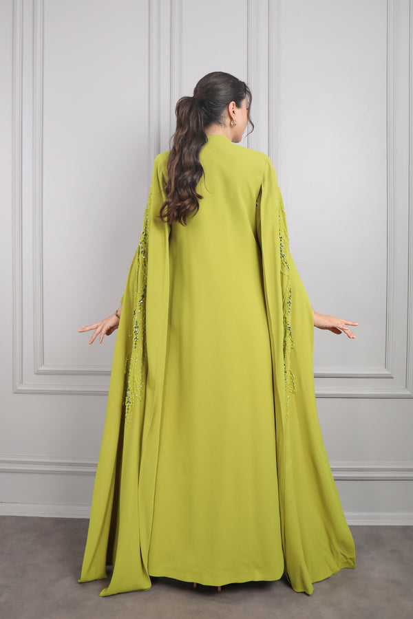 Boncuk İşlemeli Pelerin Detaylı İkili Abaya Takım F.Yeşil