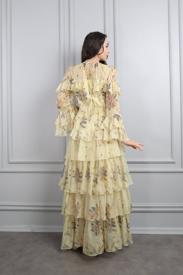 Oval Yaka Fırfırlı Desenli Büyük Beden Şifon Elbise Sarı