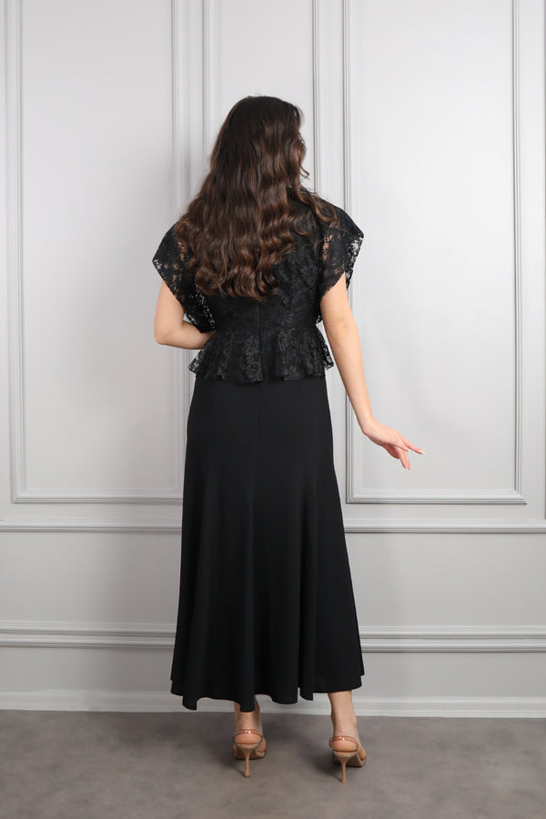 Yarasa Kol Beli Kemerli Dantel Detaylı Büyük Beden Elbise Siyah