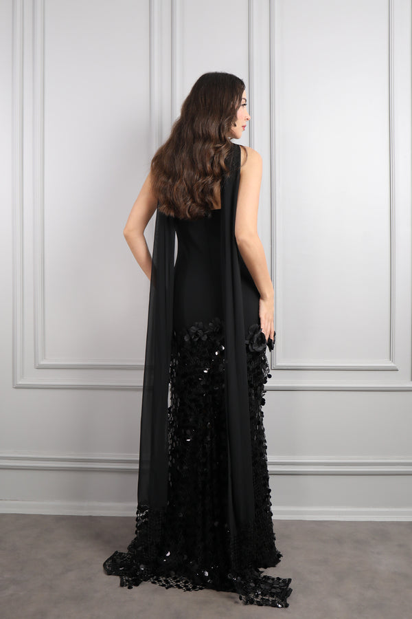 Straplez Fular Detaylı Eteği Payetli Abiye Siyah-Siyah